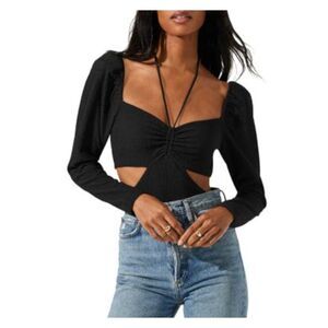 ASTR Womens Black Cut Out Ruched Halter Straps Snap Gusset Bodysuit L